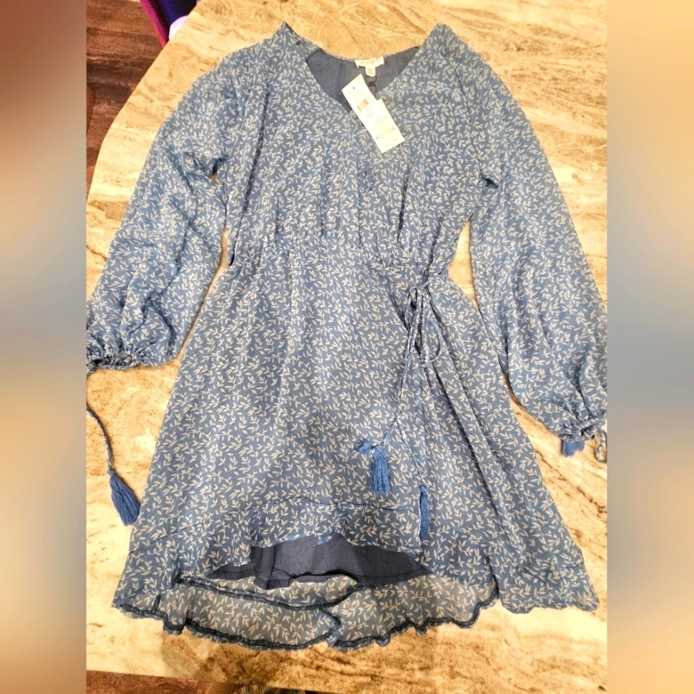 Allison New York NWT Size M Blue Floral Tassel Tie Waist Long Sleeve Boho Ruffle